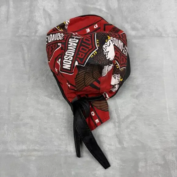 VTG Harley Davidson Red Do Rag Bandana Headwrap Leather Trim Motorcycle Gear Y2K - Picture 2 of 11